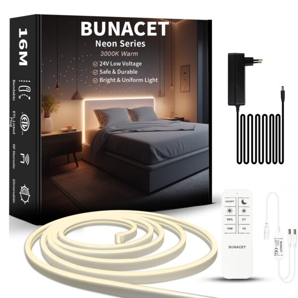 Bunacet LED Strip, Warm White, 16 m, 24 V, Neon LED Strip, Dimmable, 3000 K, Waterproof, 960 LEDs, Silicone Flexible LED Strip with Remote Control and Power Supply for Indoor and Outdoor Use (2 Rolls) [Energy Class F]